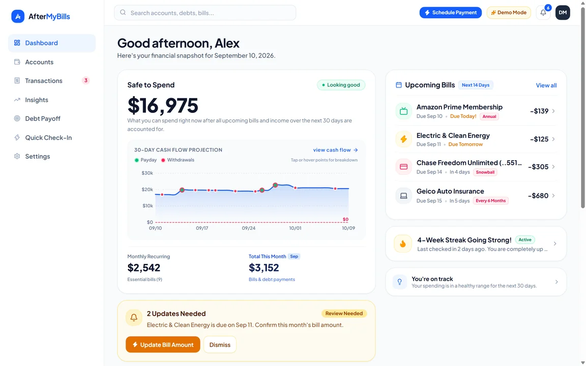 Safe to Spend estimate and upcoming bills