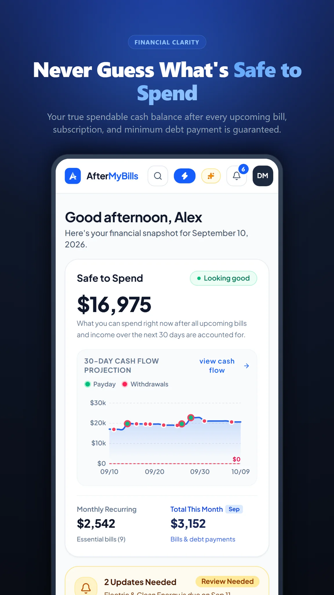 AfterMyBills Mobile Safe to Spend App Card
