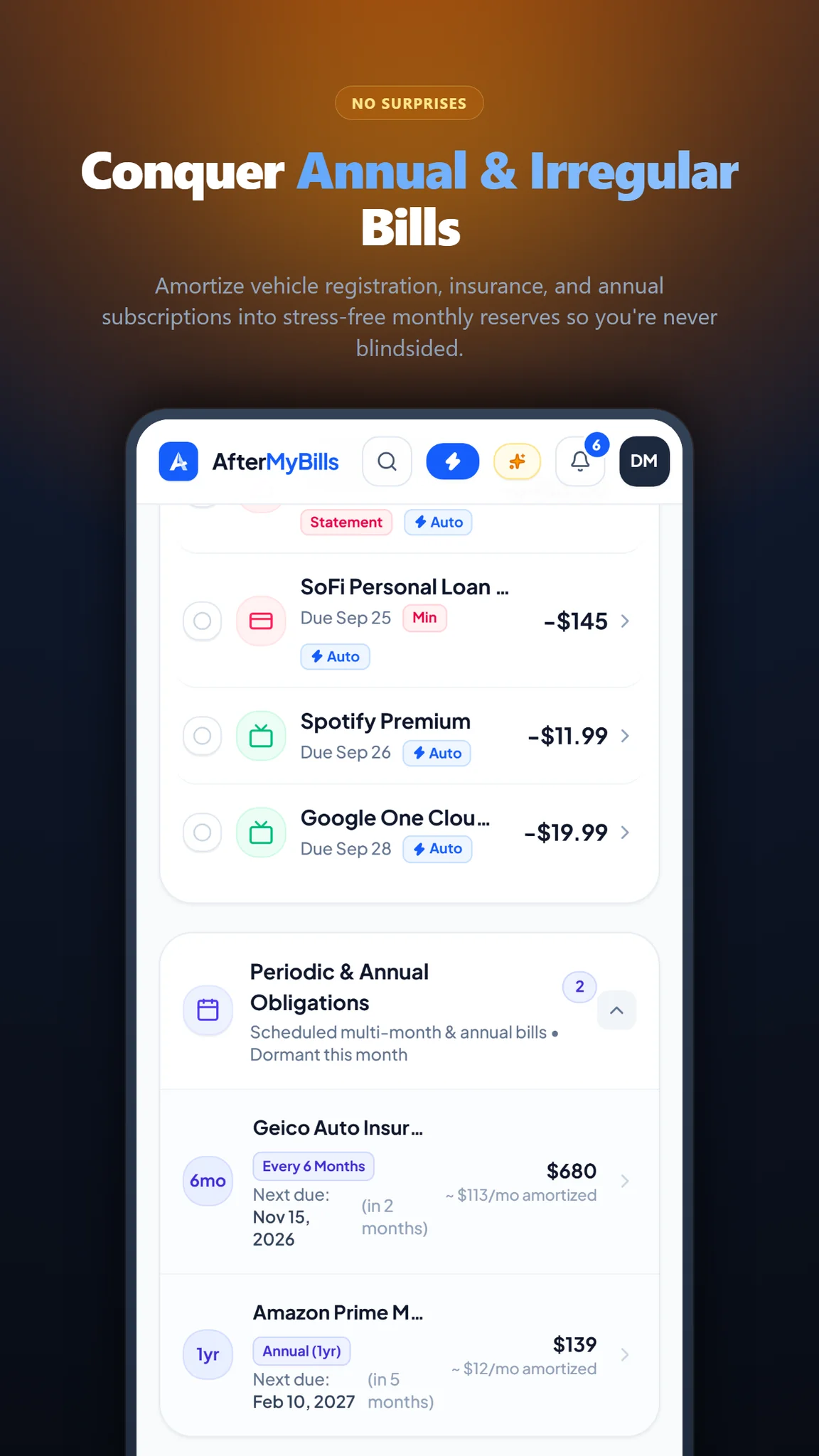 AfterMyBills Mobile Upcoming Bills Card