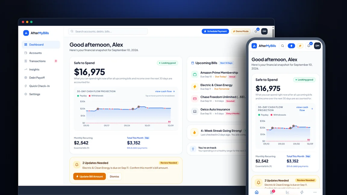 AfterMyBills Desktop and Mobile Dashboard Preview